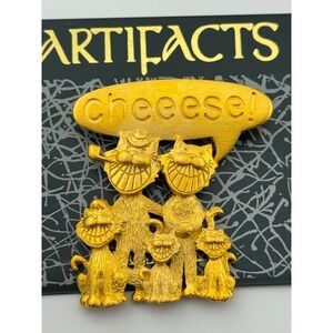 Vintage JJ Jonette Brooch Artifacts Say Cheese Cats Gold Tone Pin